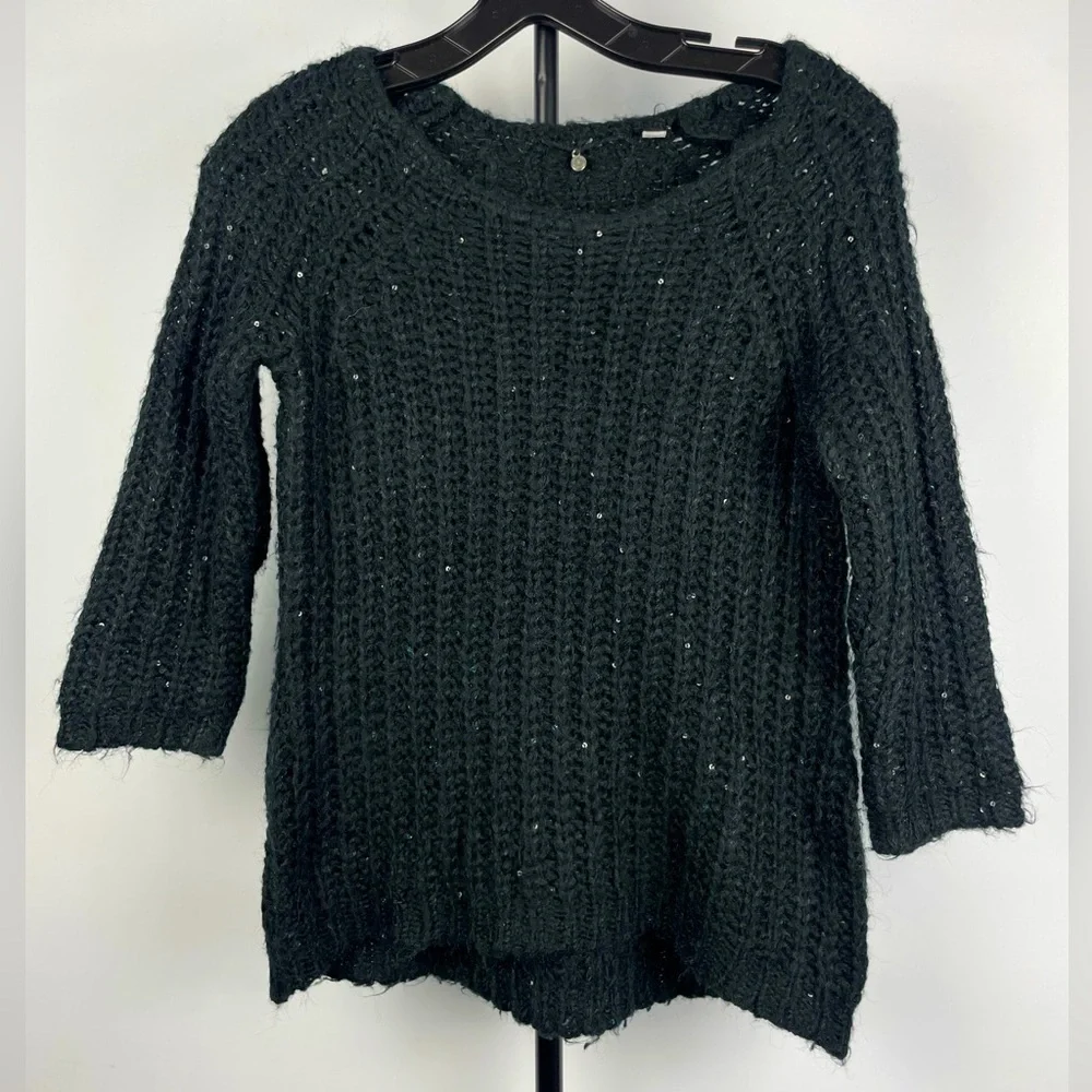 Anthropologie Knitted & Knotted Black Knit‎ Sequin Sunstitch 3/4 Sleeve Sweater
